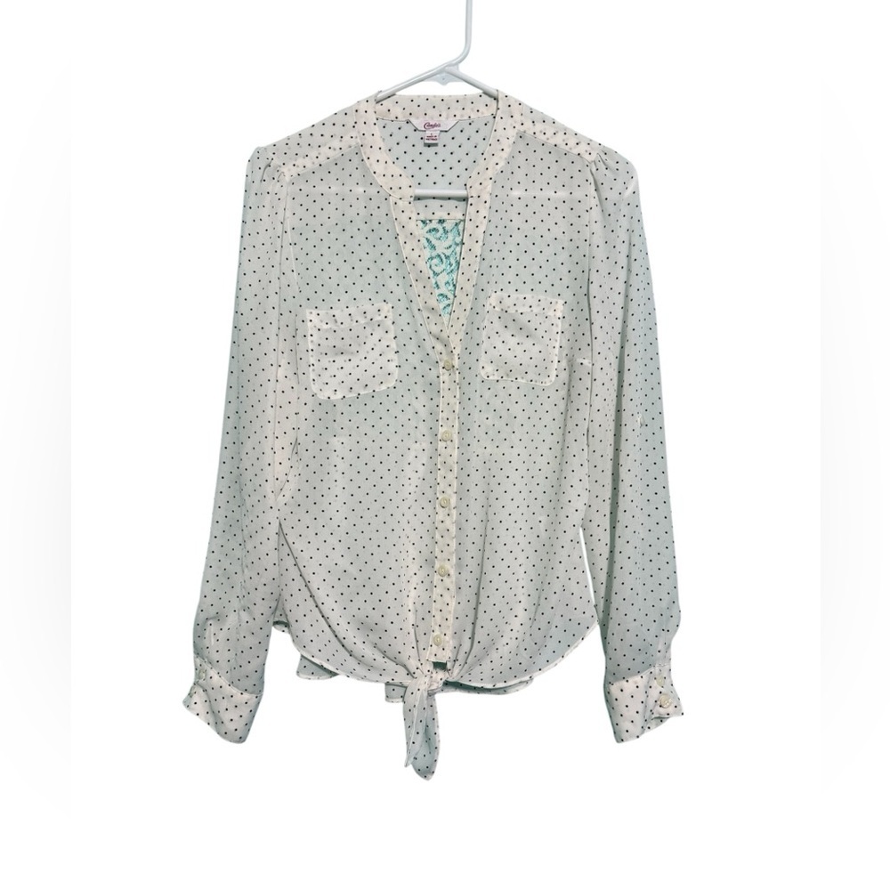 Candies Polka Dot black and white blouse Size Large with roll tab sleeves.